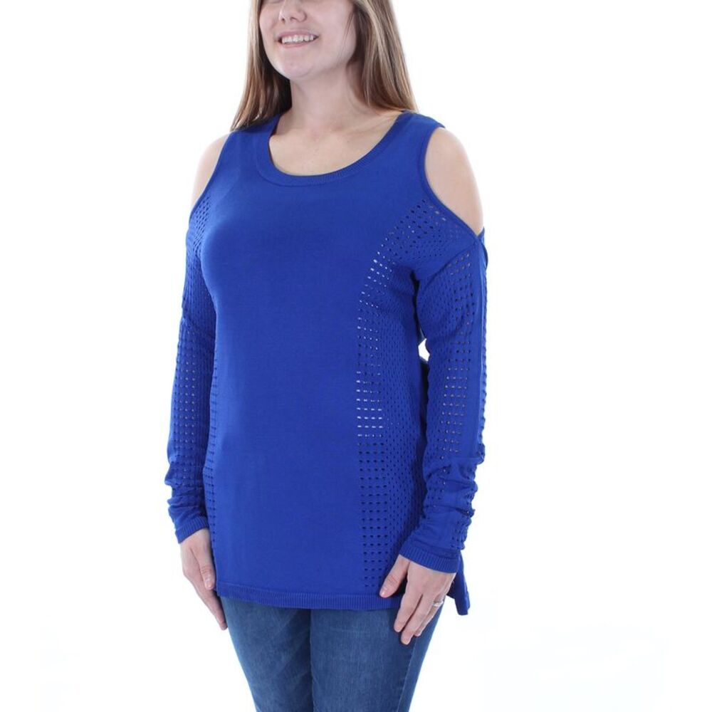 BAR III Womens Blue Cold Shoulder Eyelet Long Sleeve Scoop Neck Top Size: M